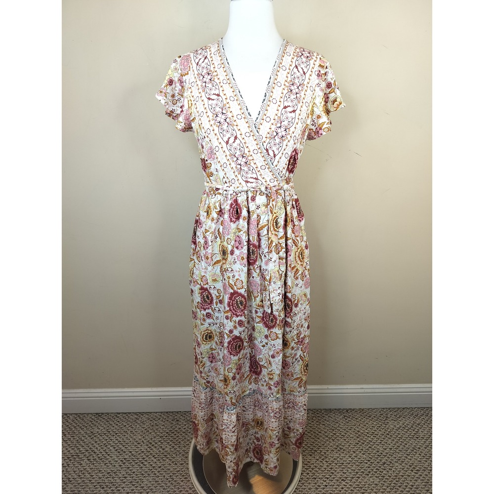 R. Vivimos Floral Wrap Maxi Dress NEW Small 4-6 Rayon Pink Yellow